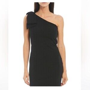 Marina Asymmetric Neck One Bow Shoulder Sleeveless Stretch Crepe Sheath Dress